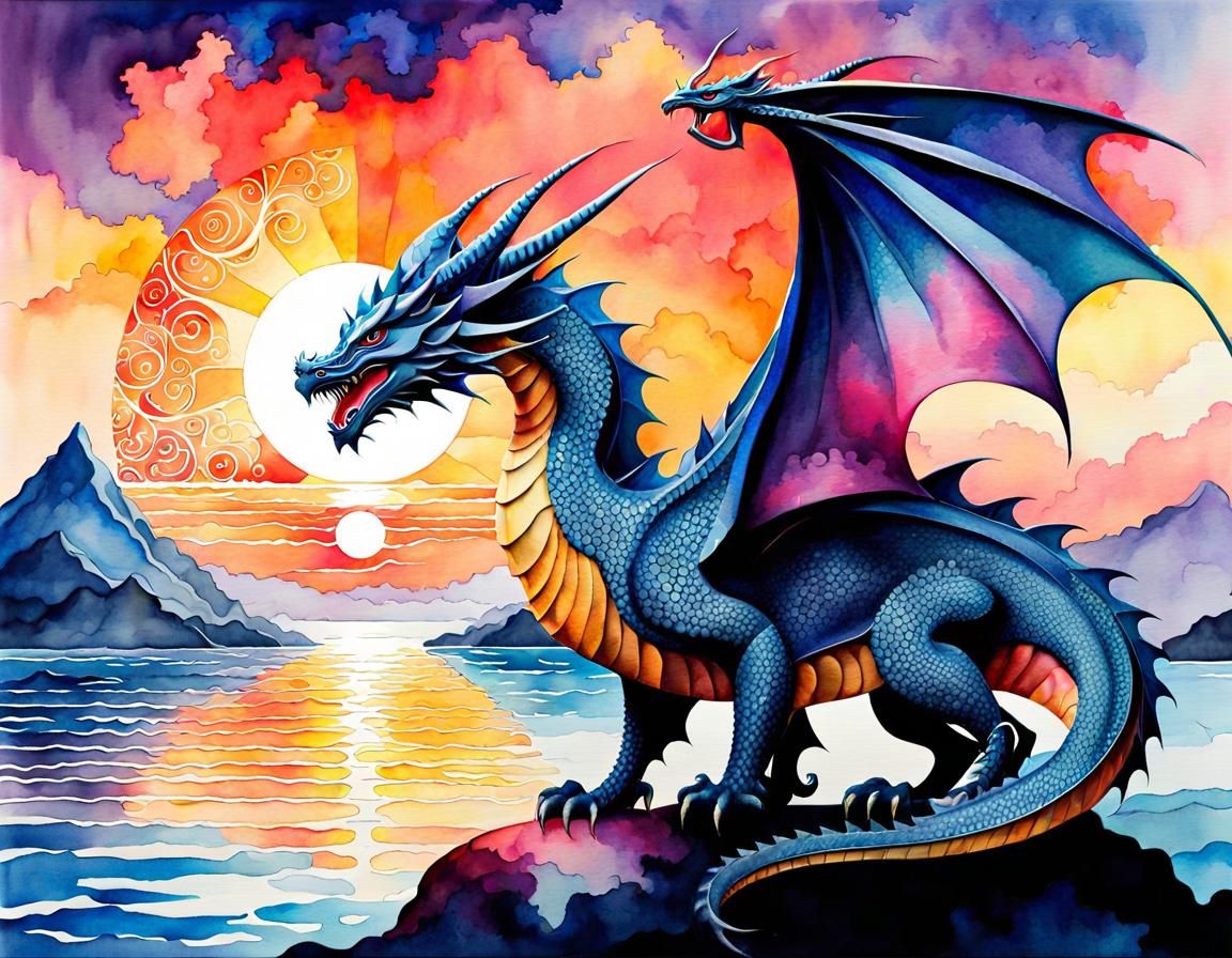 Dragon Gazing at Summer Sunset: Watercolor Art Nouveau