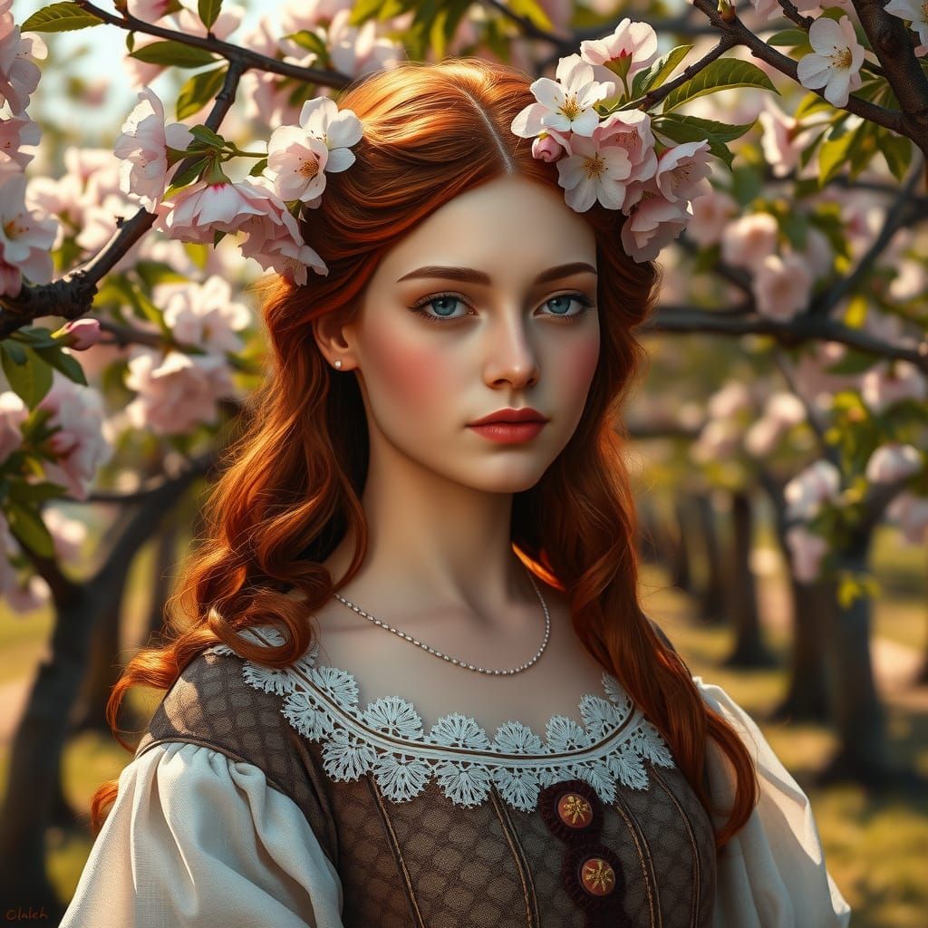Renaissance Beauty Adorned with Cherry Blossoms in Oil Paint...