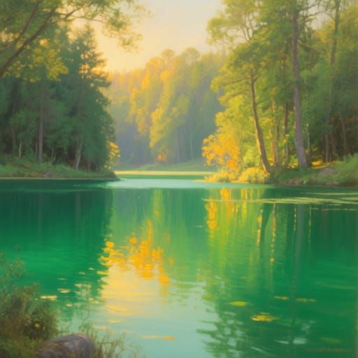 Emerald Lake in Forest at Golden Hour