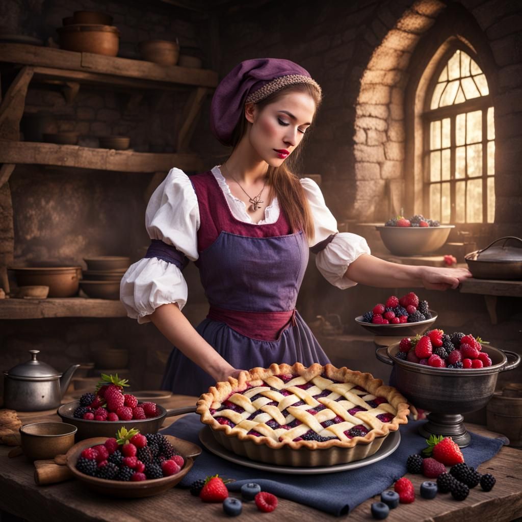 berry pie in medieval kitchen