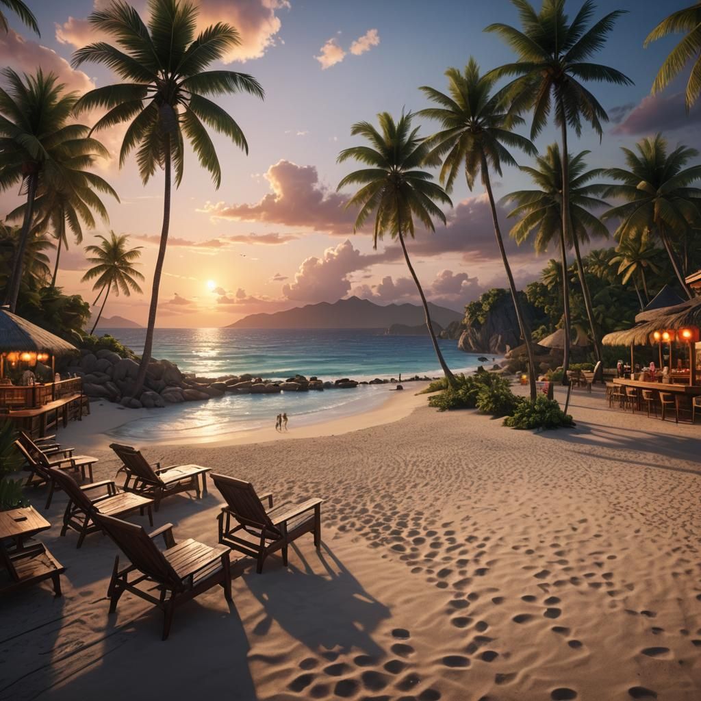Tropical Beach Sunset: Wide-Angle Matte Painting