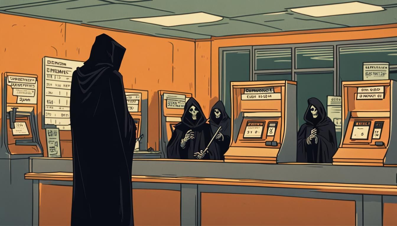 Grim Reaper at Unemployment Office: Cinematic Still