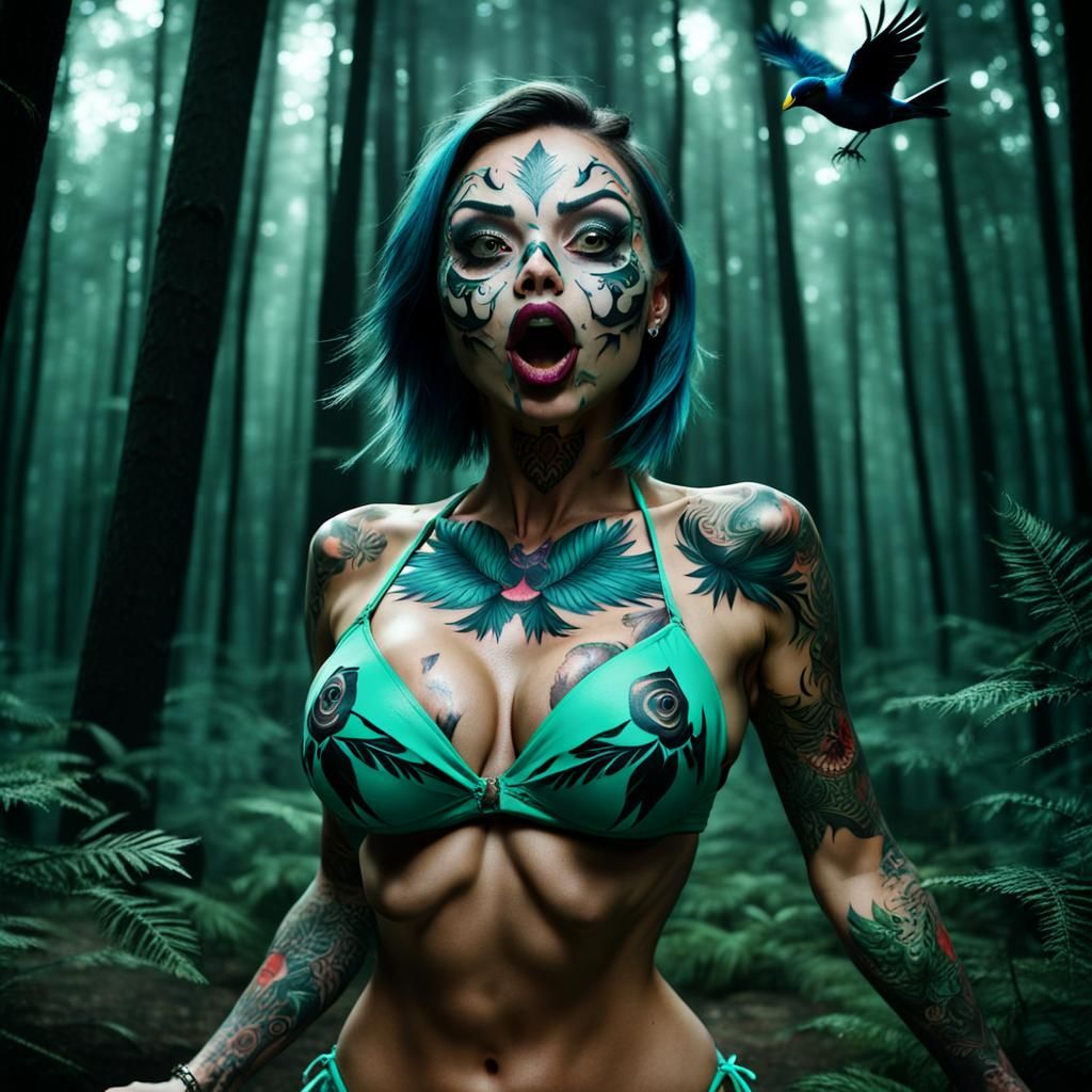 Bikini Woman with Bird Face in Dark Forest