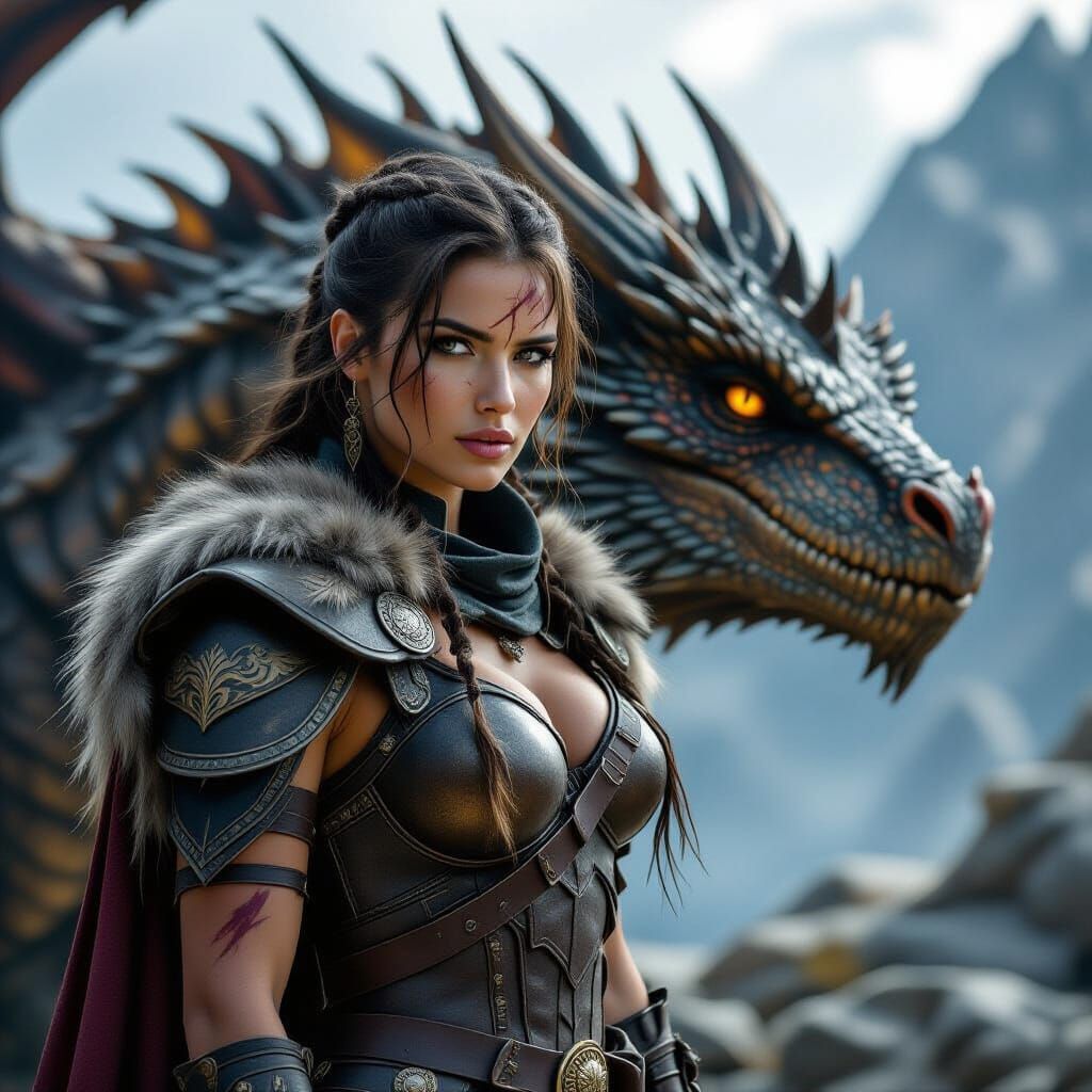 Female Warrior and Dragon in Cinematic Lighting