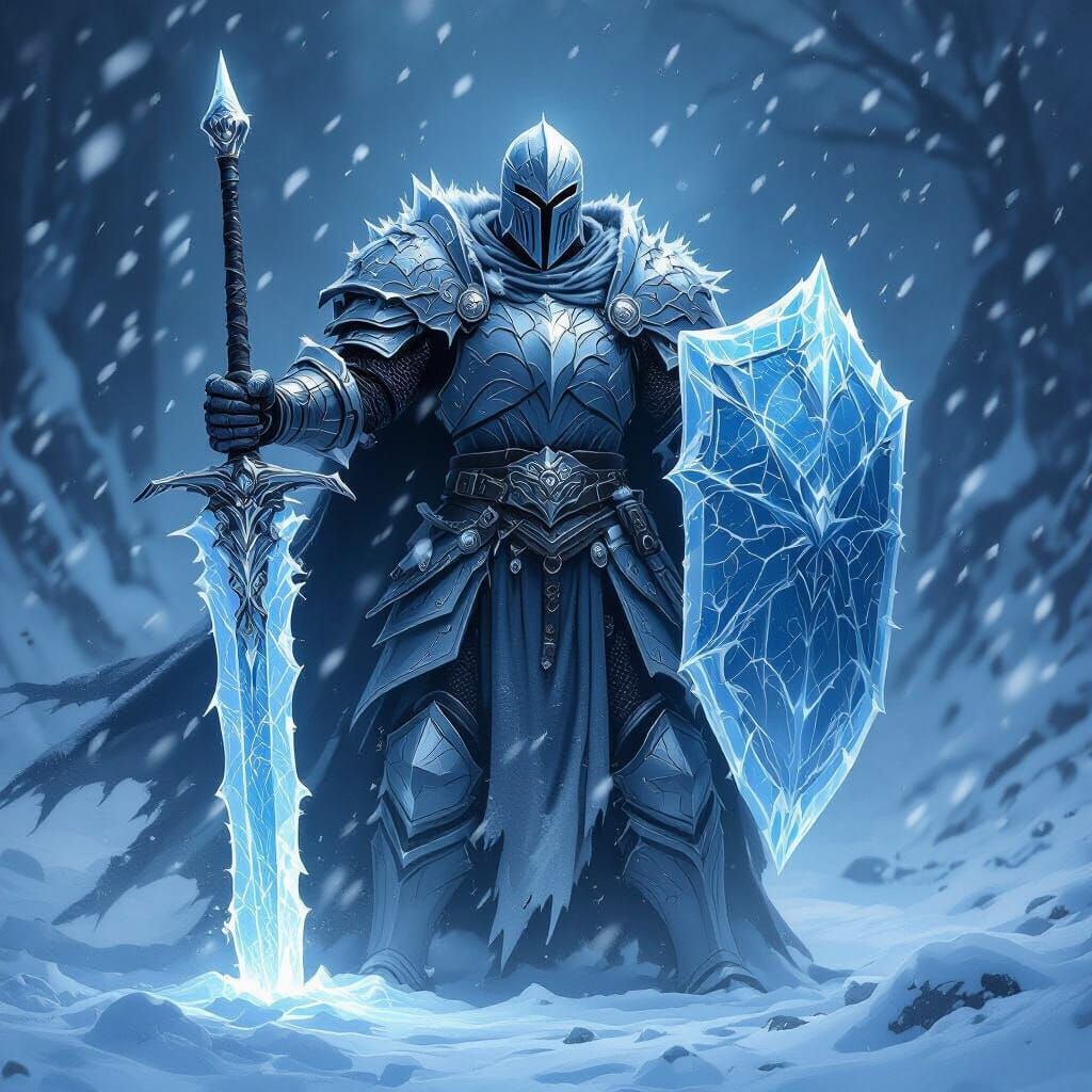 Frost Knight with Ice Sword and Shield in Snowstorm
