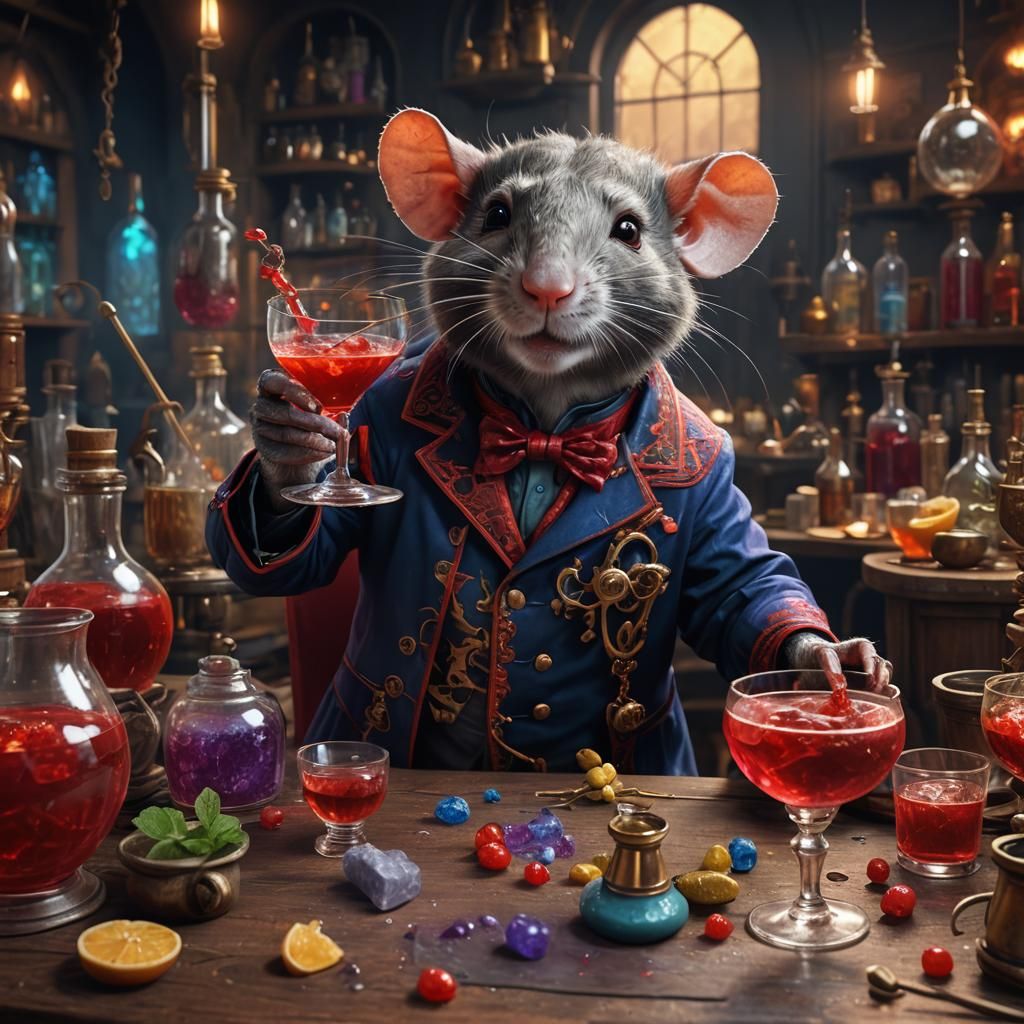 Colorful Rat Alchemist Mixing a Cocktail