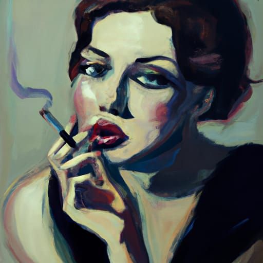 Sensuous Femme Fatale Smoking Cigarette in Malcolm Liepke St...