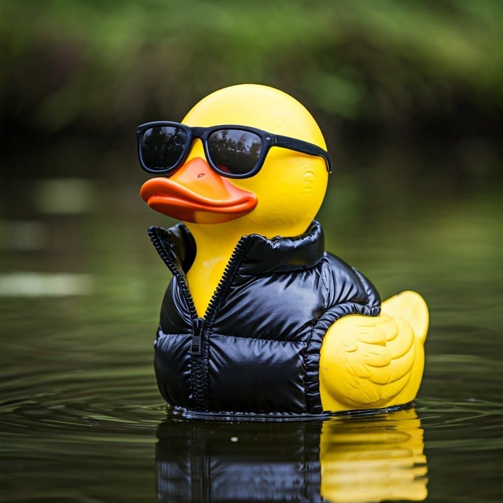 A plastic yellow duck with sunglasses, in a pond, wearing a ...