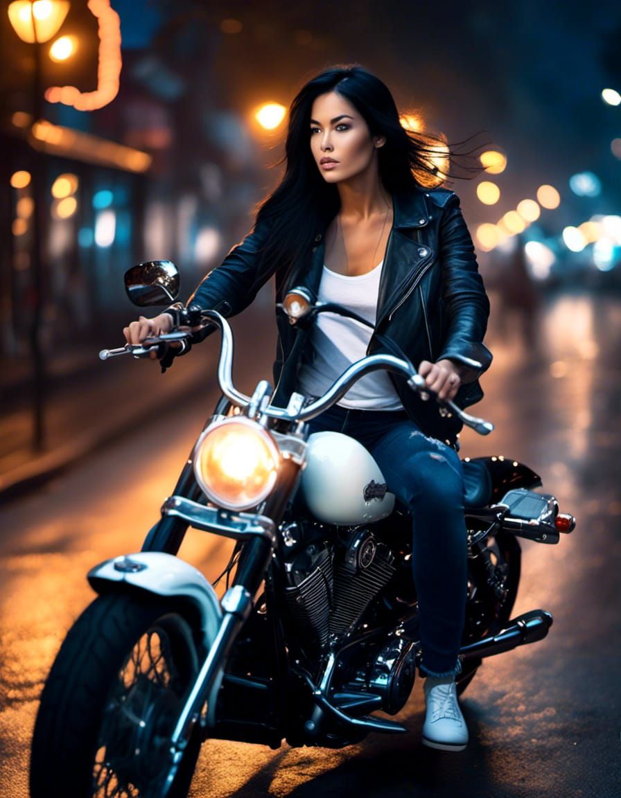 Woman on Harley in City at Night, Hyperreal