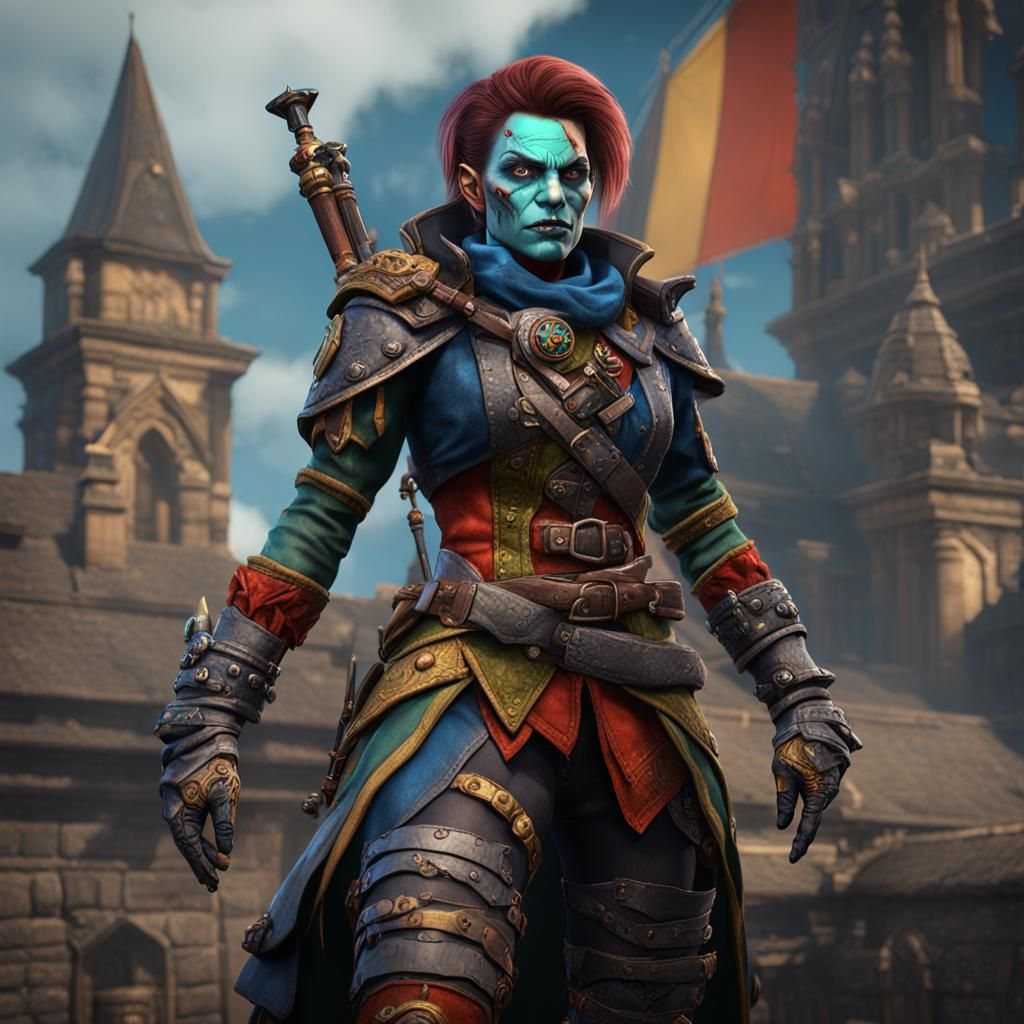 Harlequin Half-Orc Spy in Detailed Matte Painting