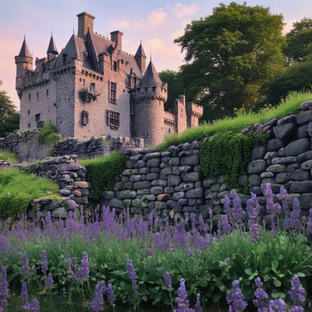 Lavender Castle Ruins in a Whimsical Irish Landscape