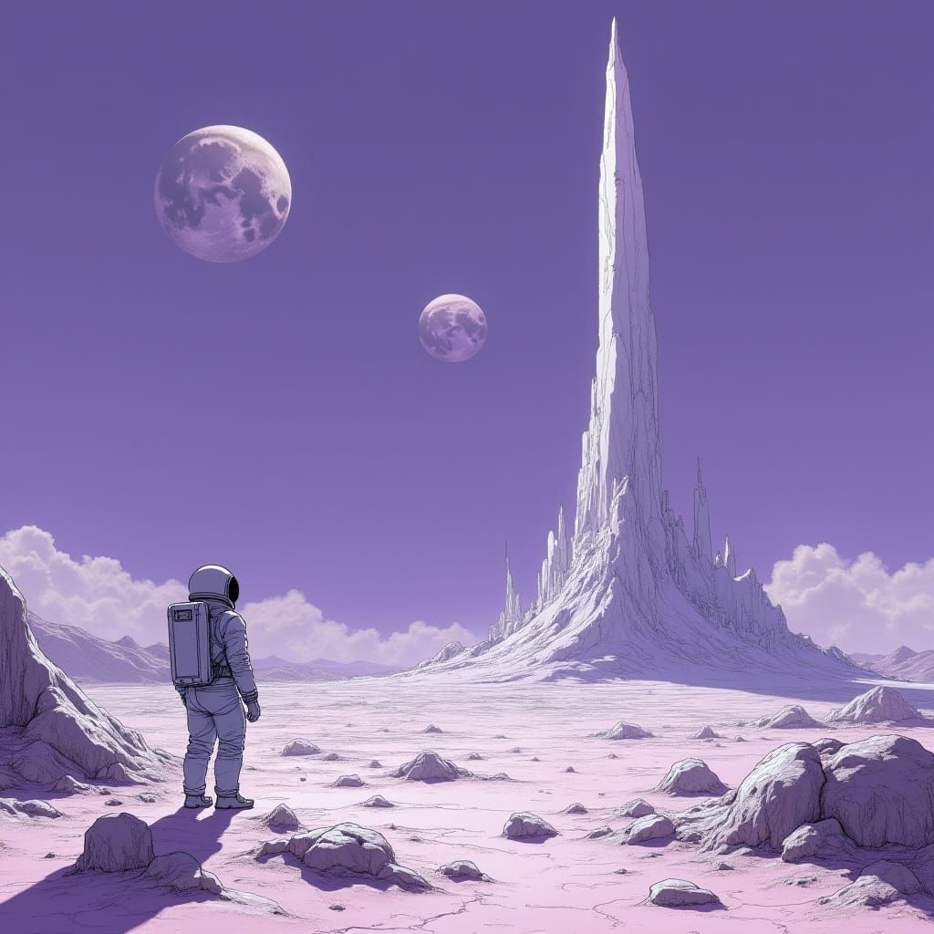 Astronaut on Alien Planet Gazes at Crystalline Structure