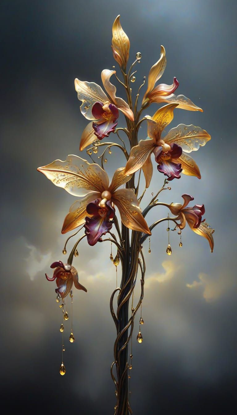 Dystopian Fire Orchid Sculpture in Ethereal Fantasy Style