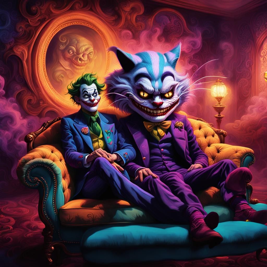 Surreal Dream Duo: Cheshire Cat and Joker in a Smoky Lair