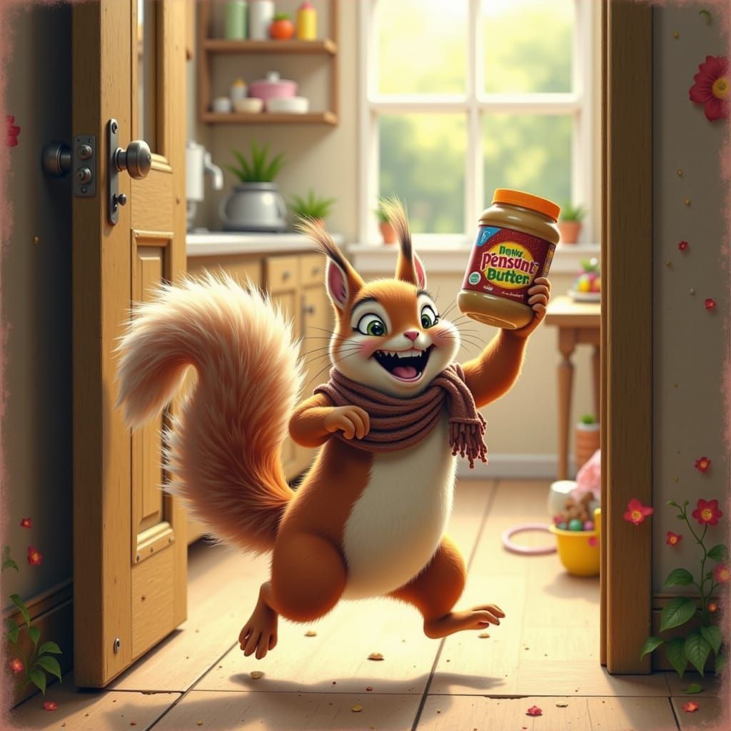 Squirrel's Peanut Butter Heist: Whimsical Illustration