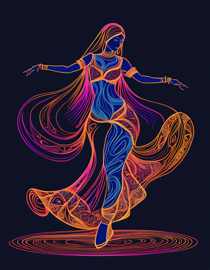 Neon Silhouette of Arabian Dancer in Abstract Style