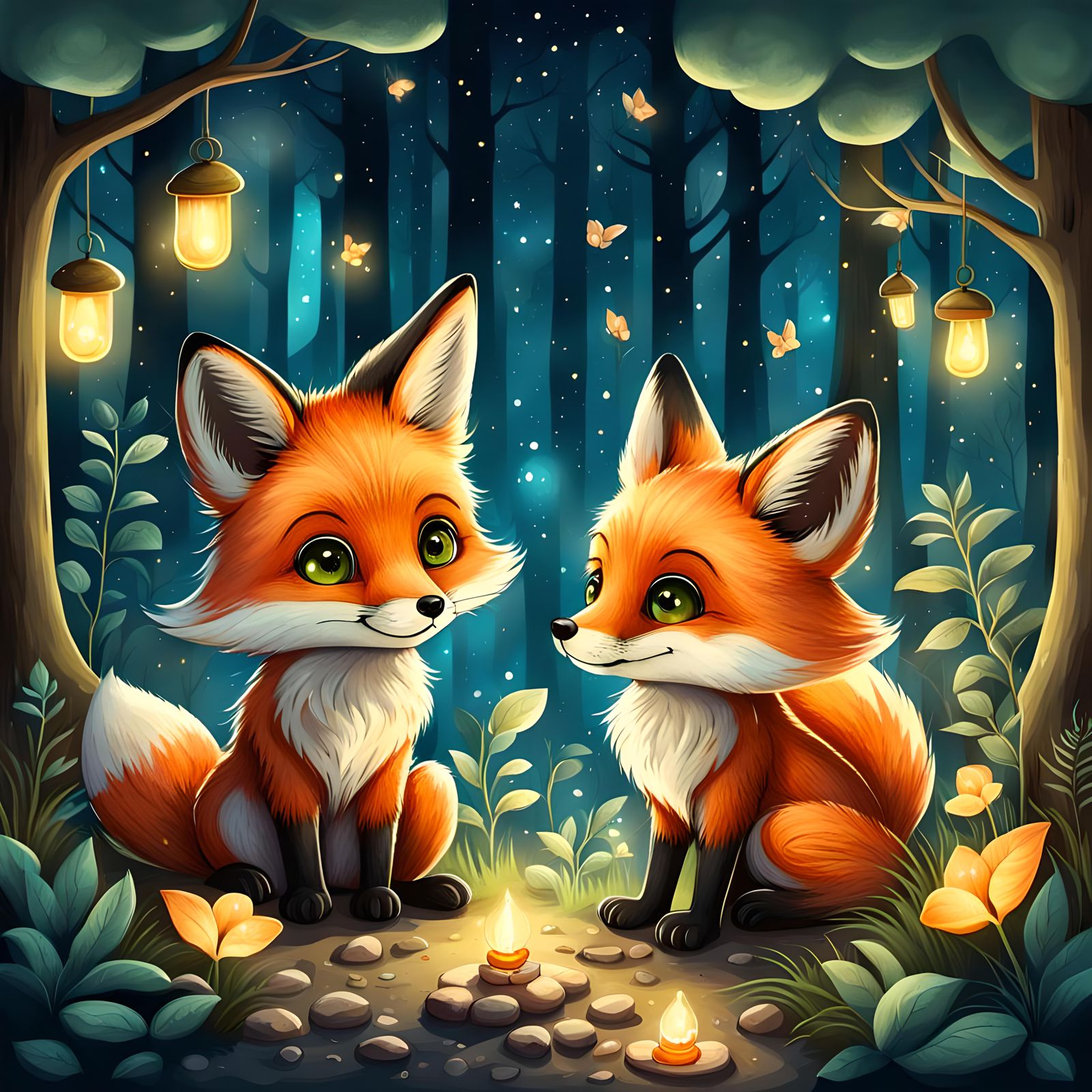 Cute Fox in Mystical Forest Illustration