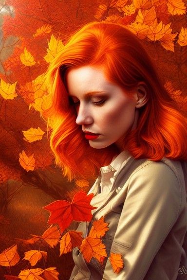 Redhead in Autumn Leaves: Hyperrealistic Detailed Photograph...