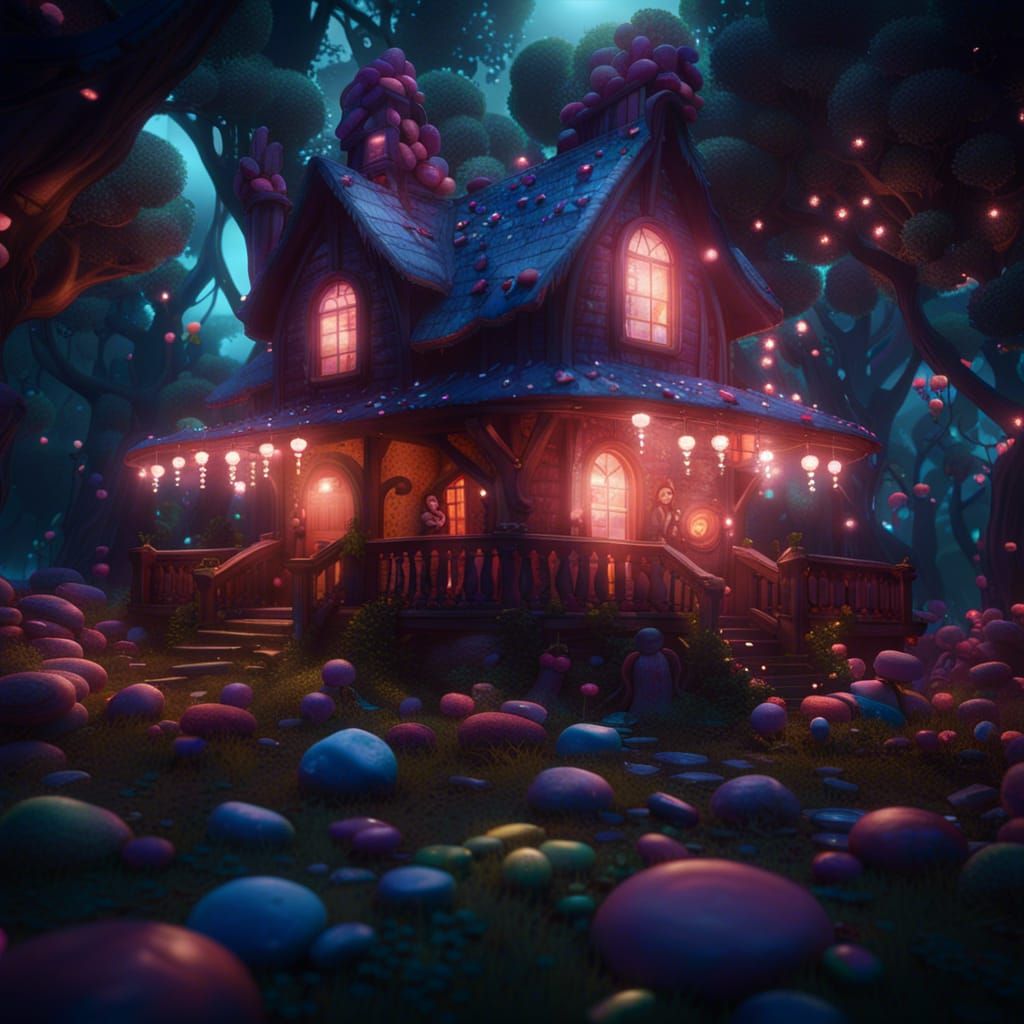 Hyperrealistic Candy House with Holographic Glow