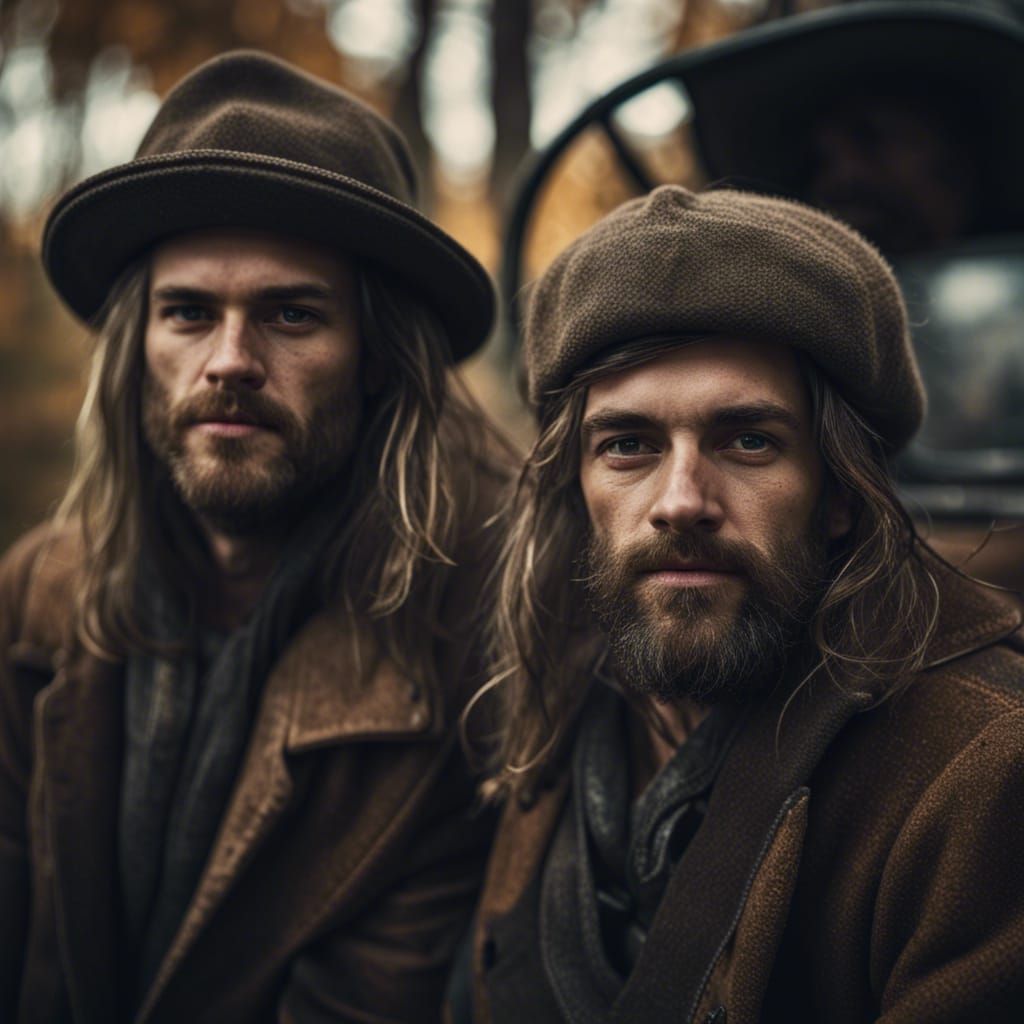 Bearded Men Pose on Autumn Hayride