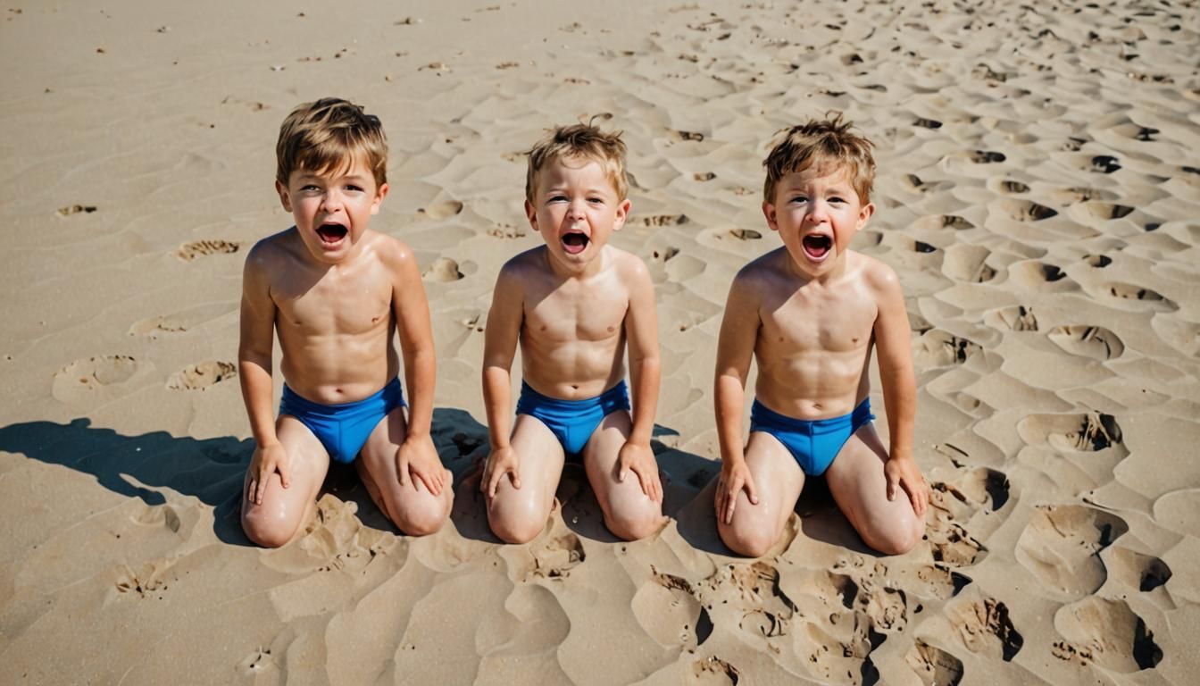 Boys on Beach Look Up in Shock