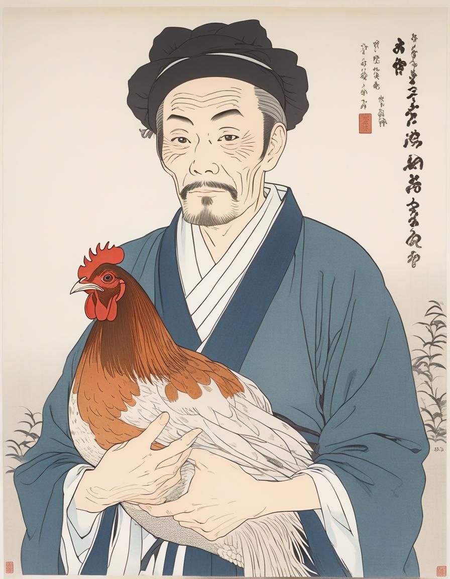 Farmer Holding Chicken in Ukiyo-e Style