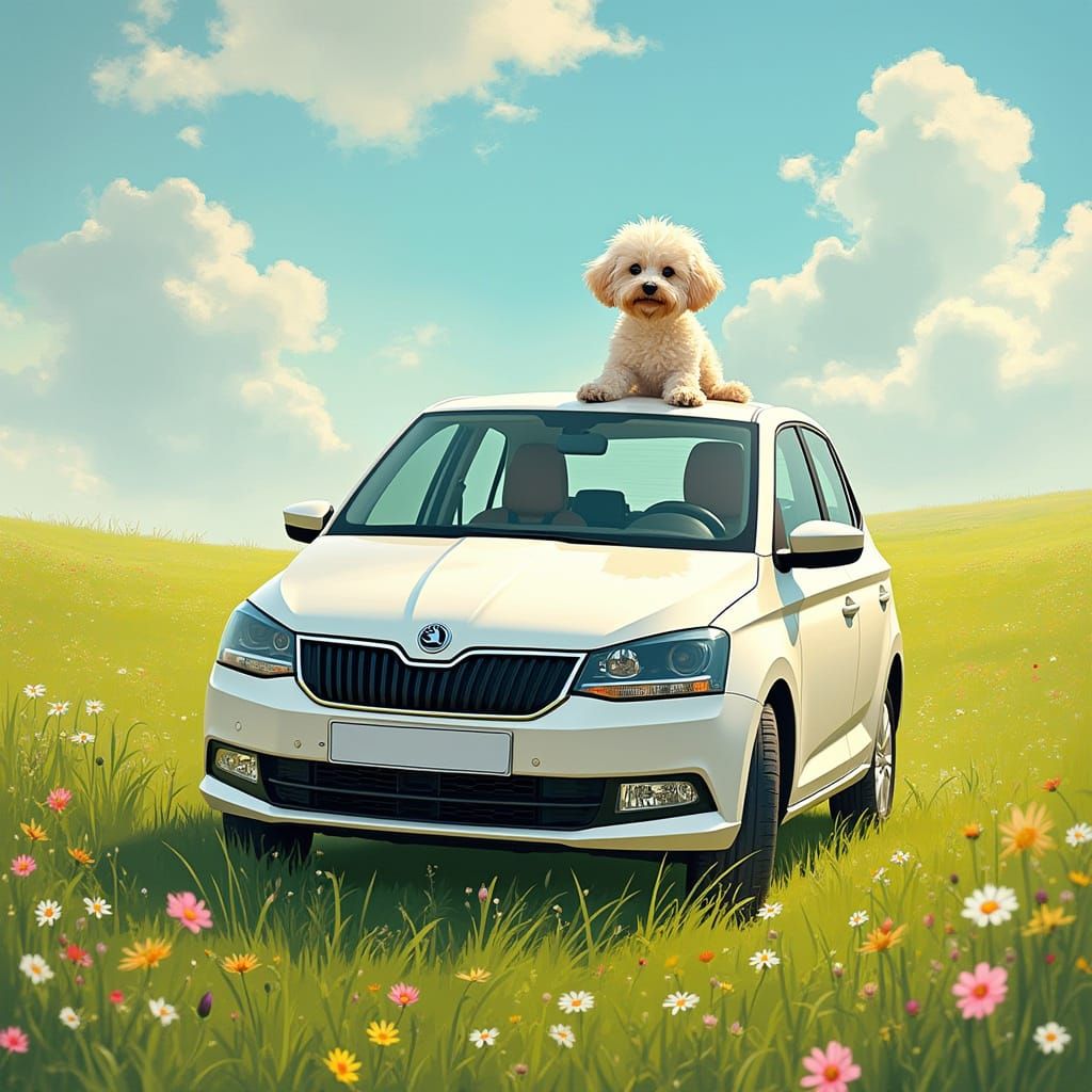 Charming Impressionist Scene of Skoda Fabia and Bichon Frise
