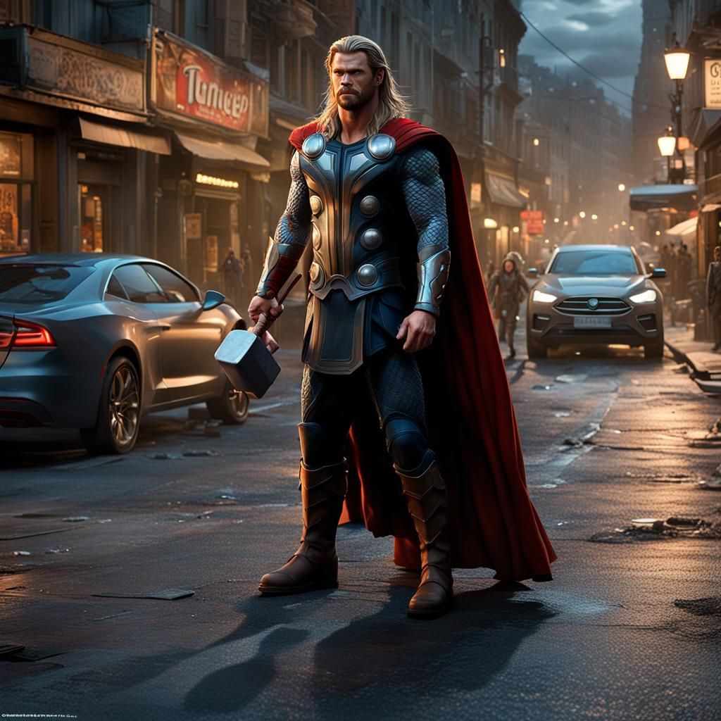 Thor 3D Render in Street at Twilight