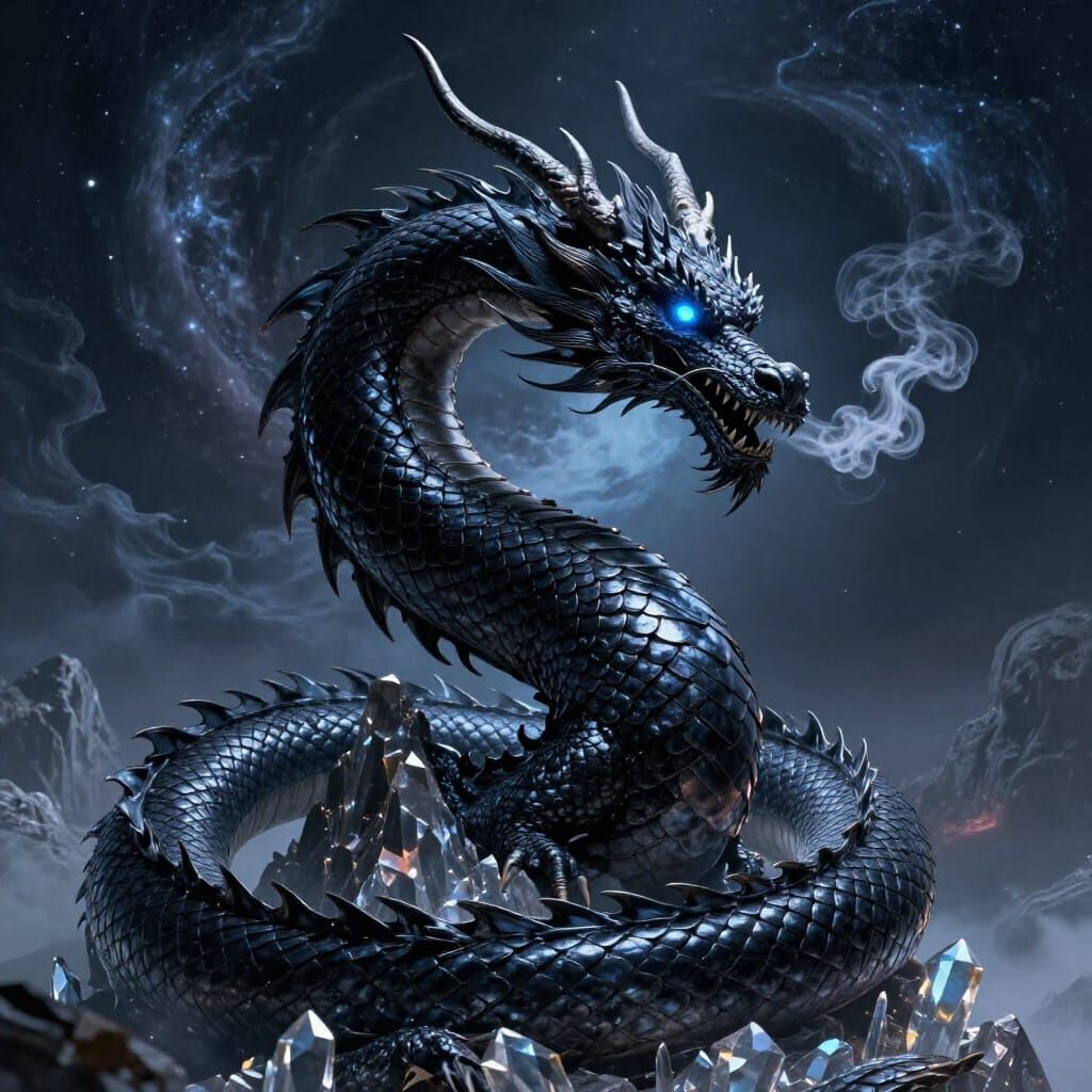 Ancient Dragon Coiled On Crystalline Peak Under Nebula Sky
