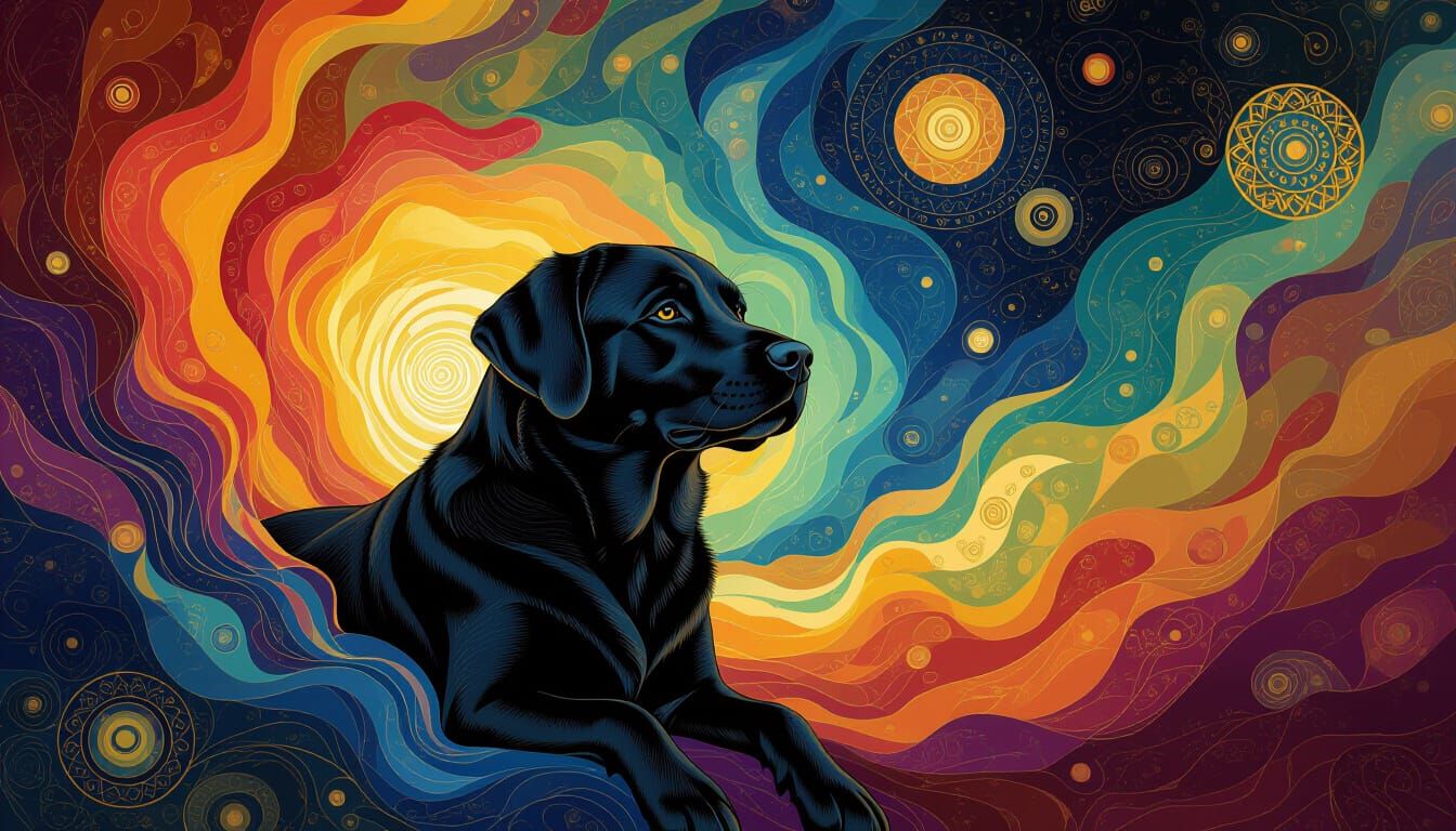 Cosmic Labrador Retriever Emerging from Rainbow Nebula