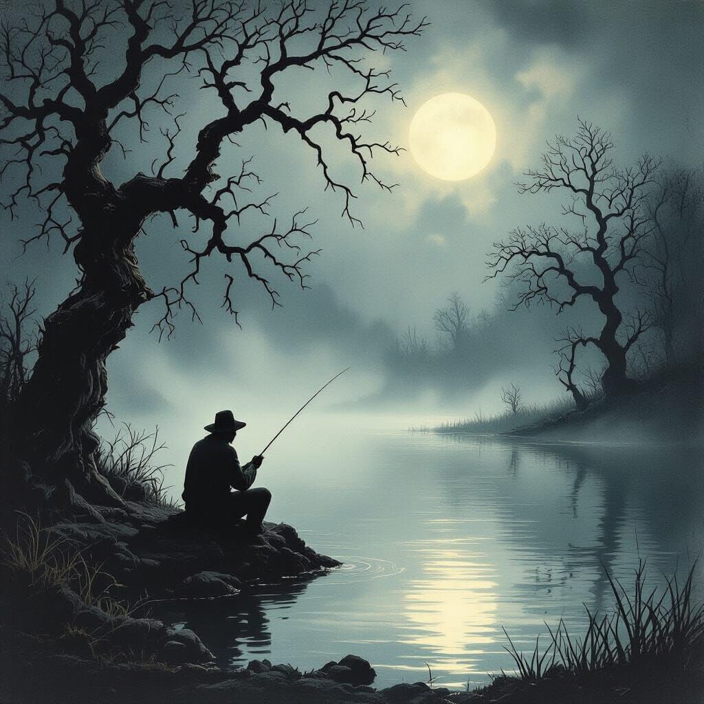 Lone Fisherman in Misty Moonlit Lake Lithograph