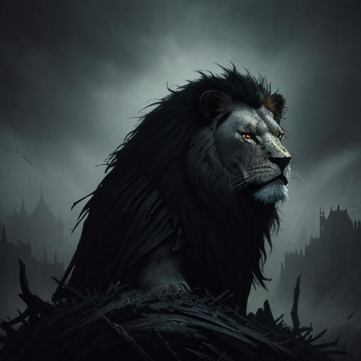 Dark Knight with Lion Shield: Fantasy Illustration