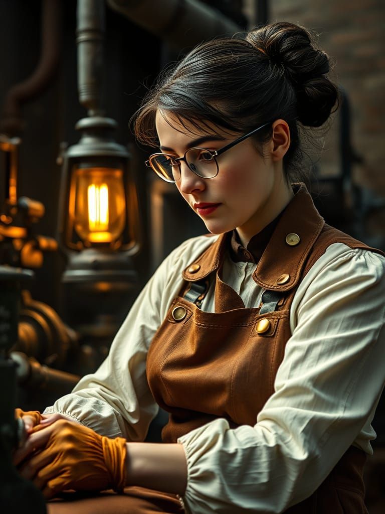 Inventive Woman of the Industrial Revolution Era Works on Gr...