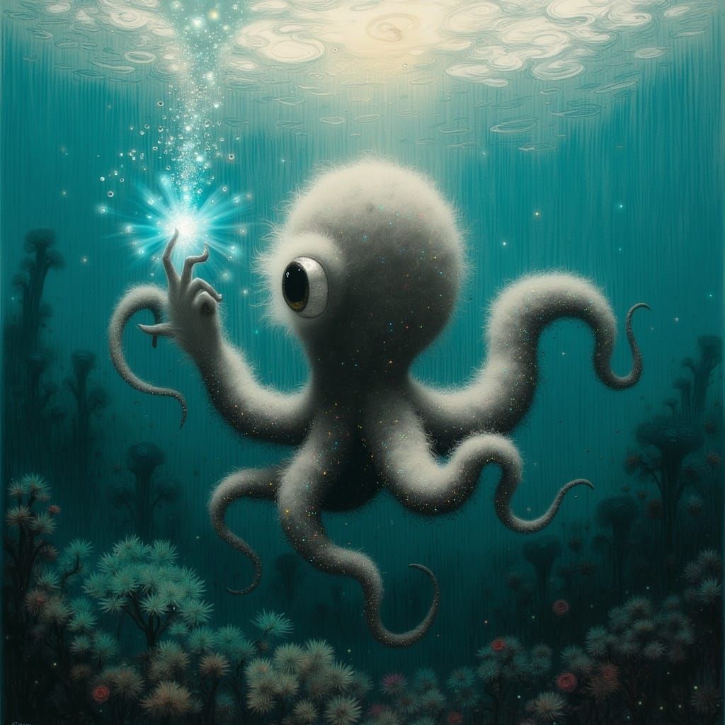 Whimsical Ocean Scene with Fantastical Furry Octopus