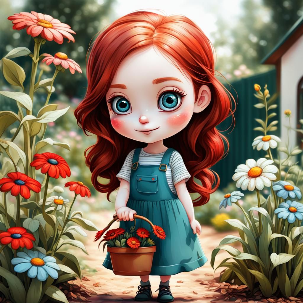 A miniature full-length chibi character girl with huge blue eyes and a cute, innocent expression, red hair, She smilling...
