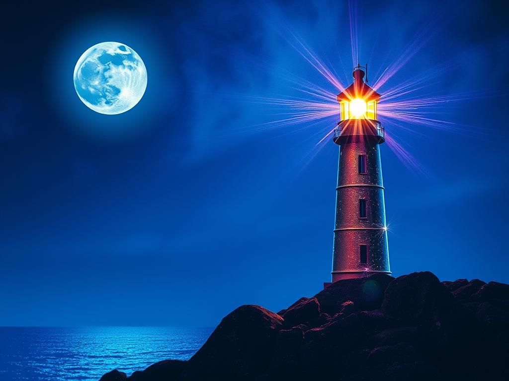 Colorful Lighthouse Shines Brightly Under Full Moon