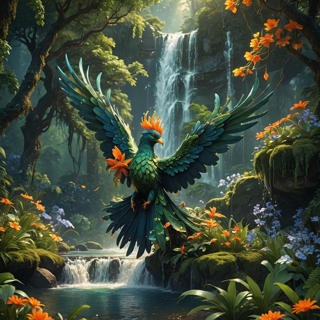 Green Phoenix in Forest with Flowers: Fantasy Concept Art