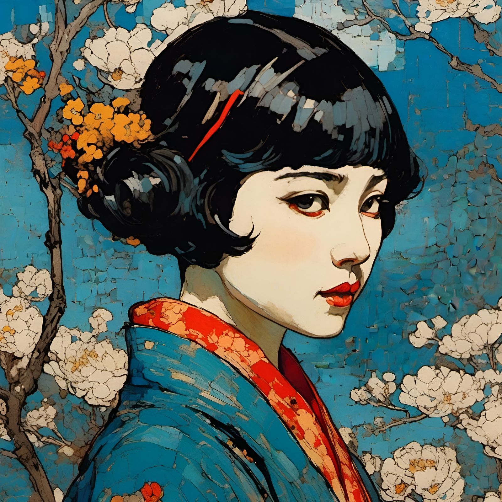 Futuristic Japanese Woman Portrait in Van Gogh Style