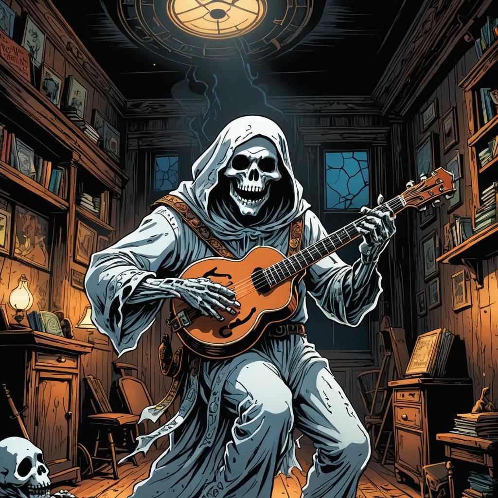 Cartoon Ghost Plays Banjo in Comic Book Style