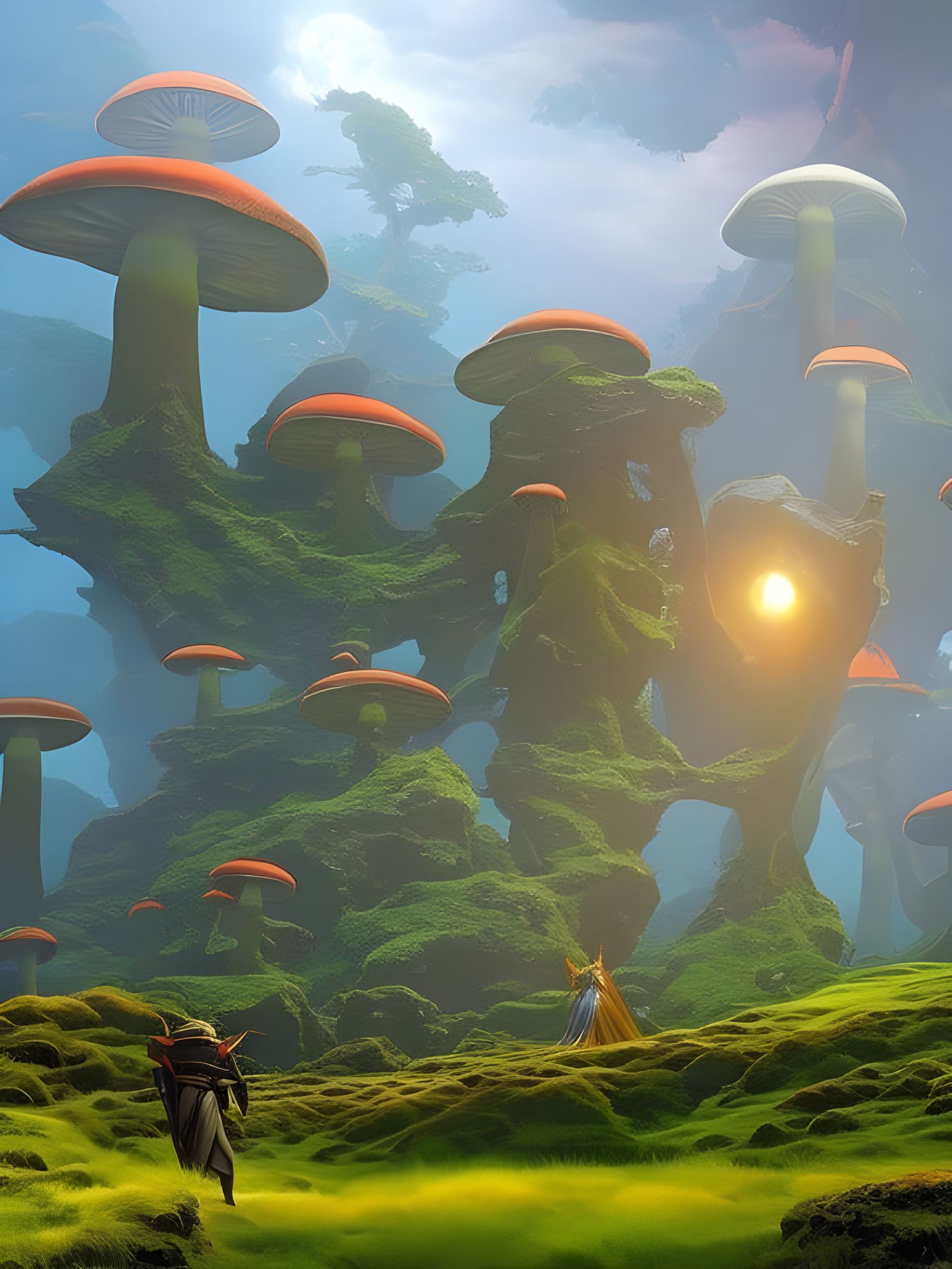 Colorful Fungal Spires in Alien Landscape