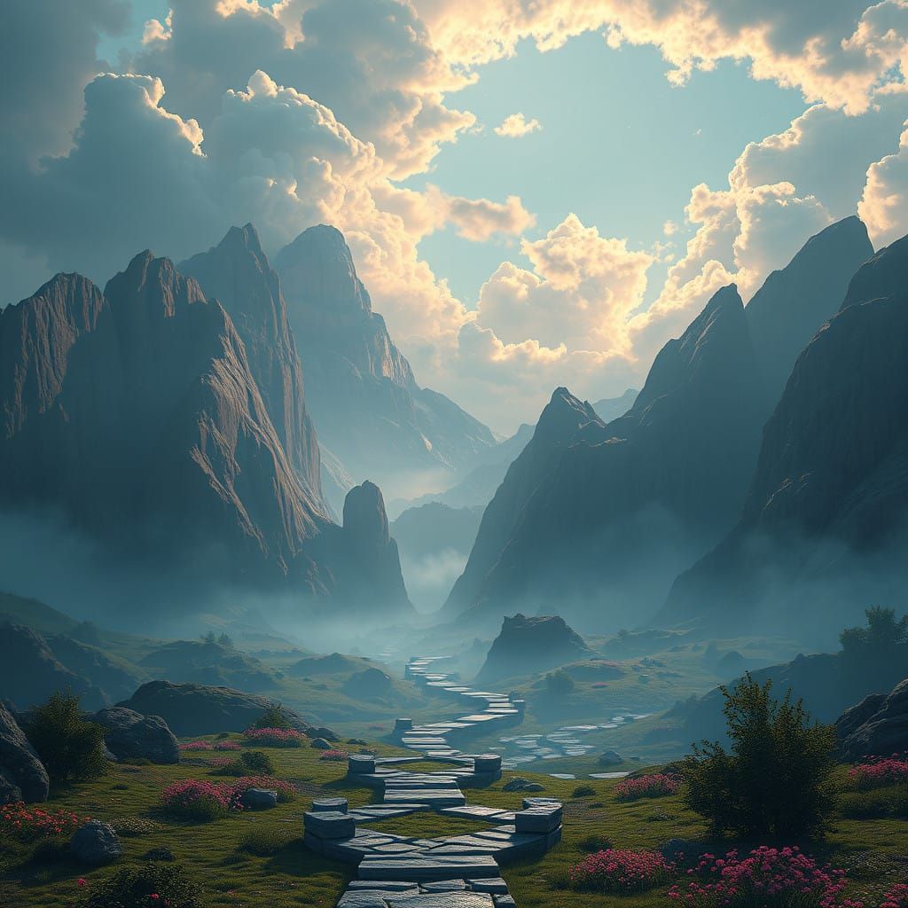 Intricate Fantastical Landscape Unfolds at Dawn