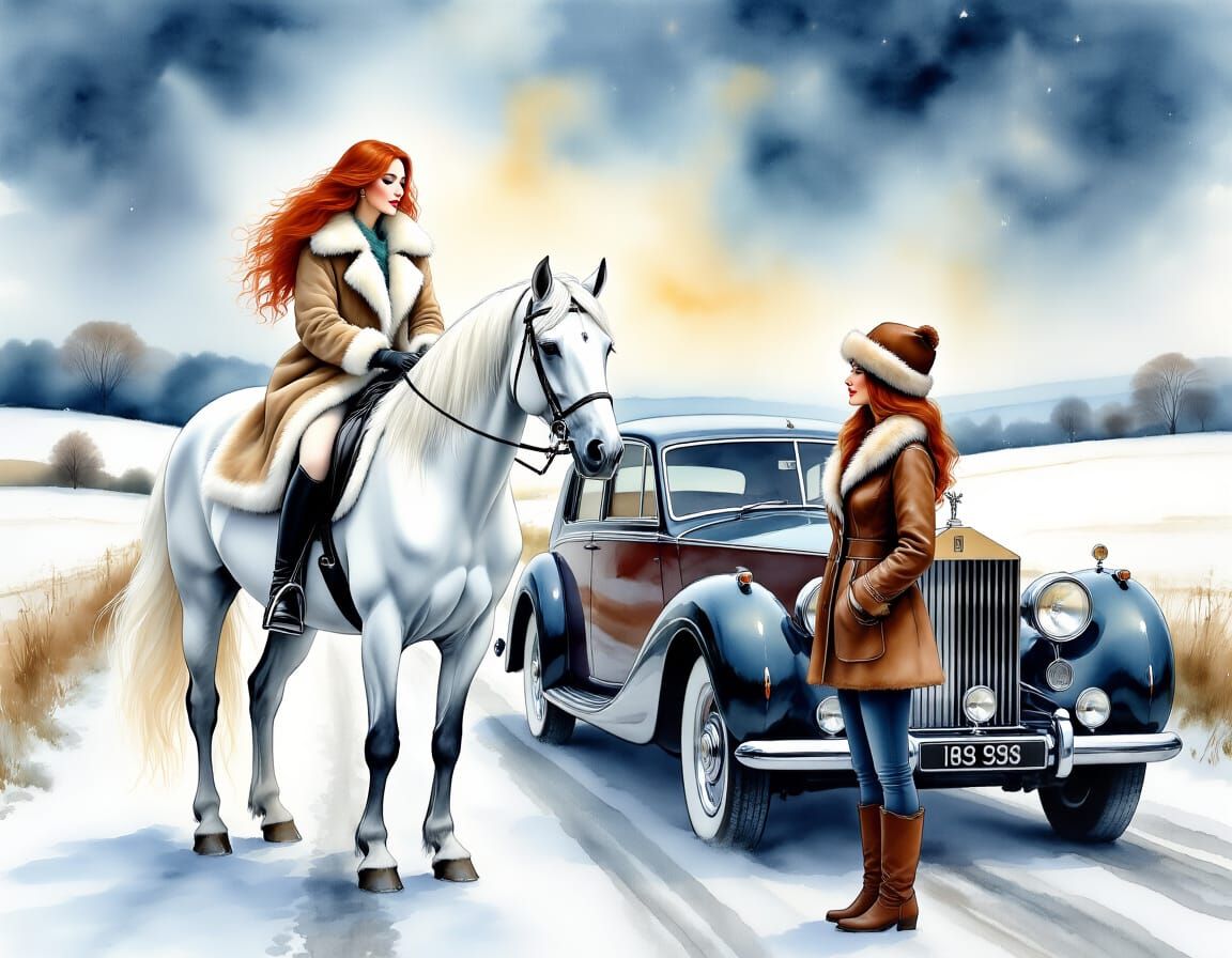 Equestrian Encounter on Snowy Road: Impressionistic Painting