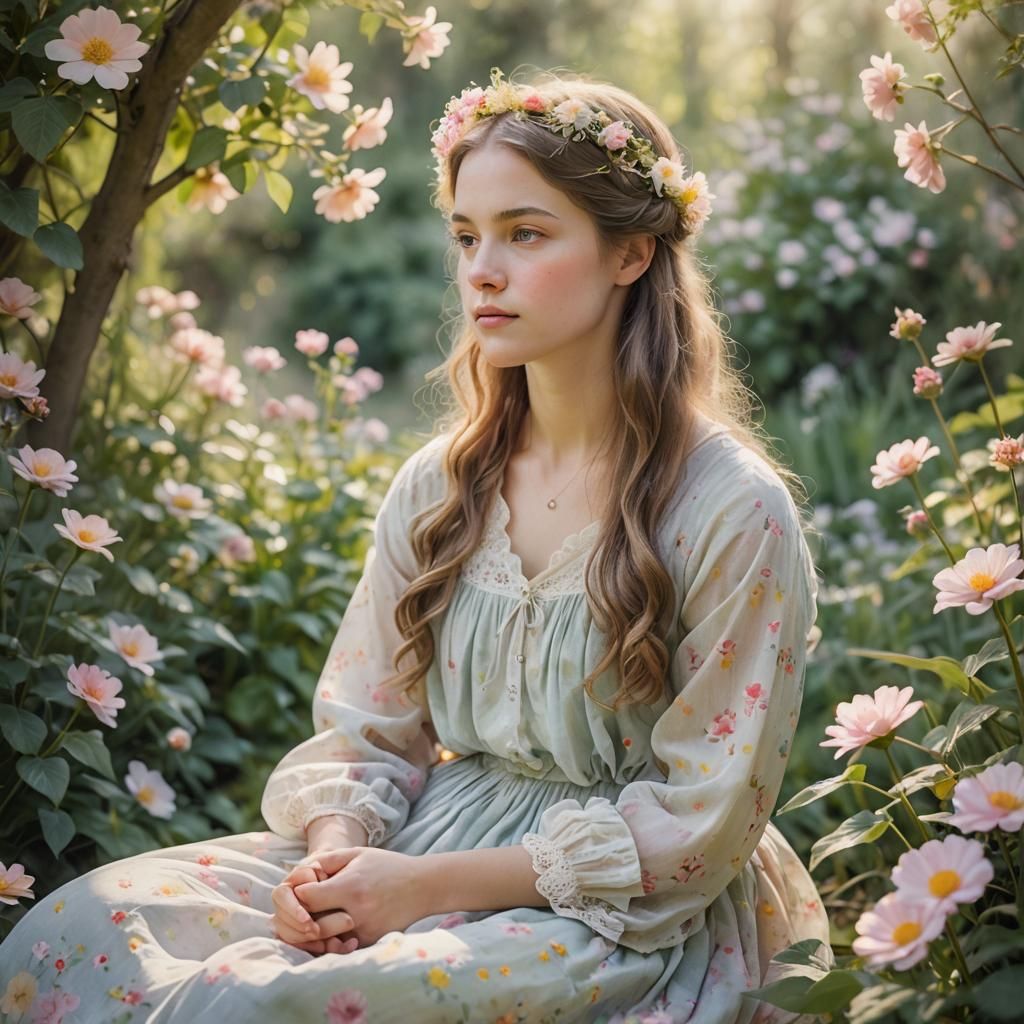 Idyllic Portrait in Peaceful Garden, Watercolor Style