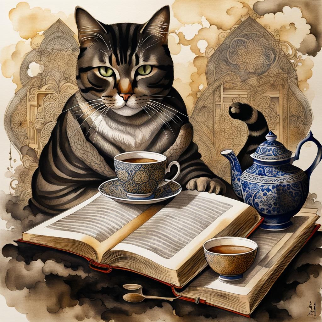 Ink Wash Painting of Tea, Book, and Cat