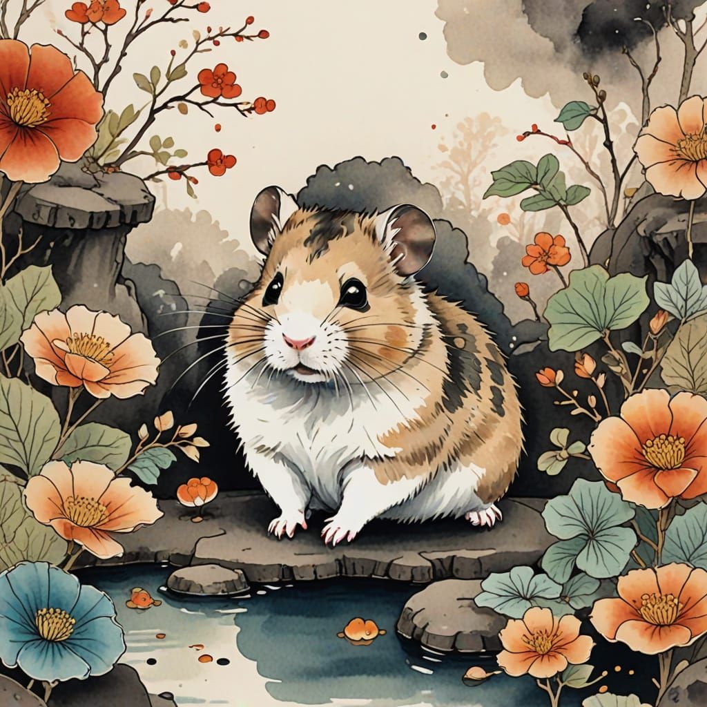 Cute Hamster in Traditional Japanese Zen Garden Tea House - ...