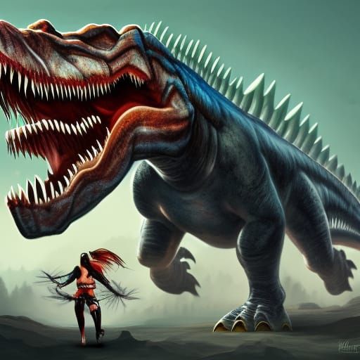 Harley Quinn Rides a T-Rex: Detailed Digital Painting
