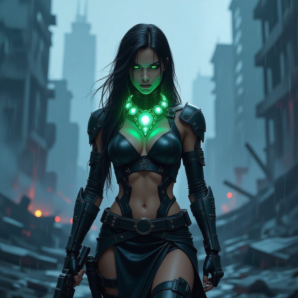 Cyborg Warrior with Glowing Necklace in Ruined City