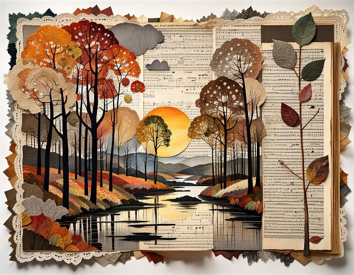 Autumn Landscape Shines After Rain, Mixed Media Collage