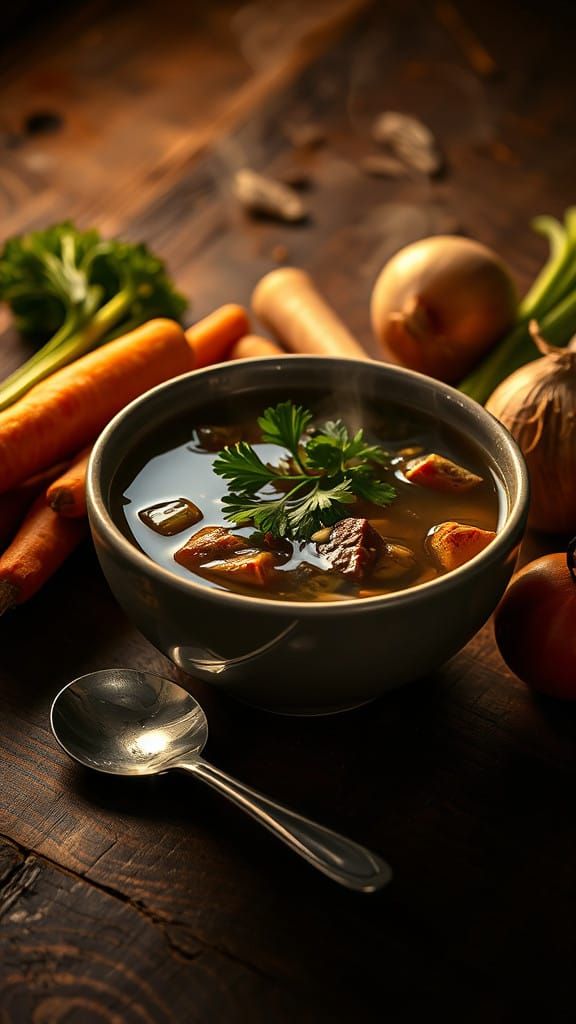 Vibrant Beef Broth in Golden Light