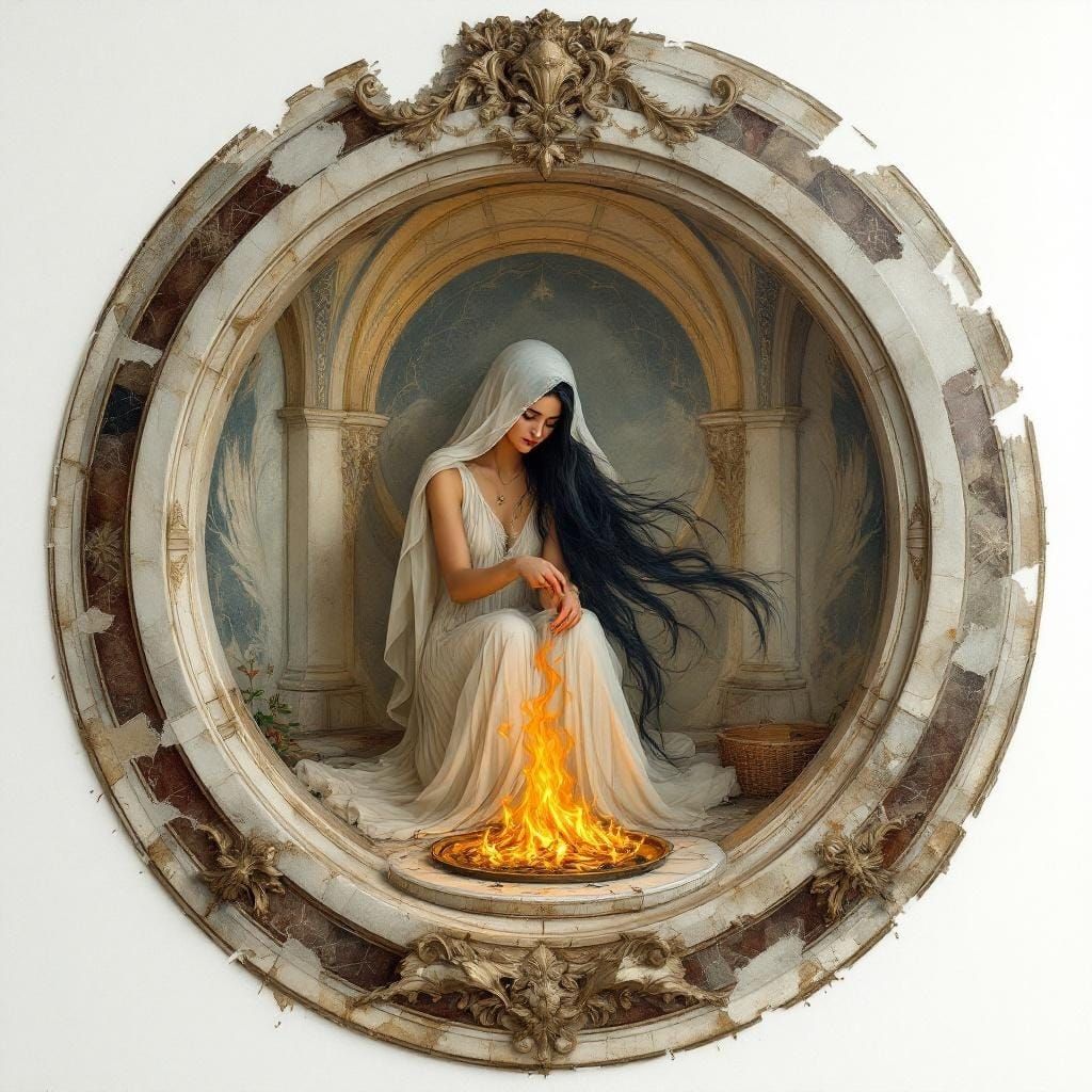 Woman Tending Sacred Fire in Art Nouveau Style